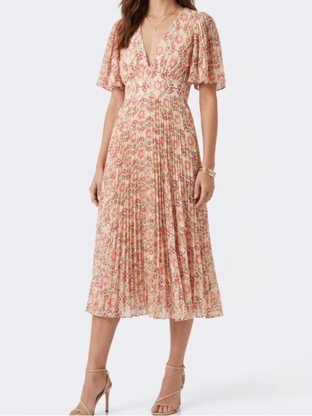 FLYING TOMATO Floral Midi Dress Pleats Tea Dress Deep V Neck Summer